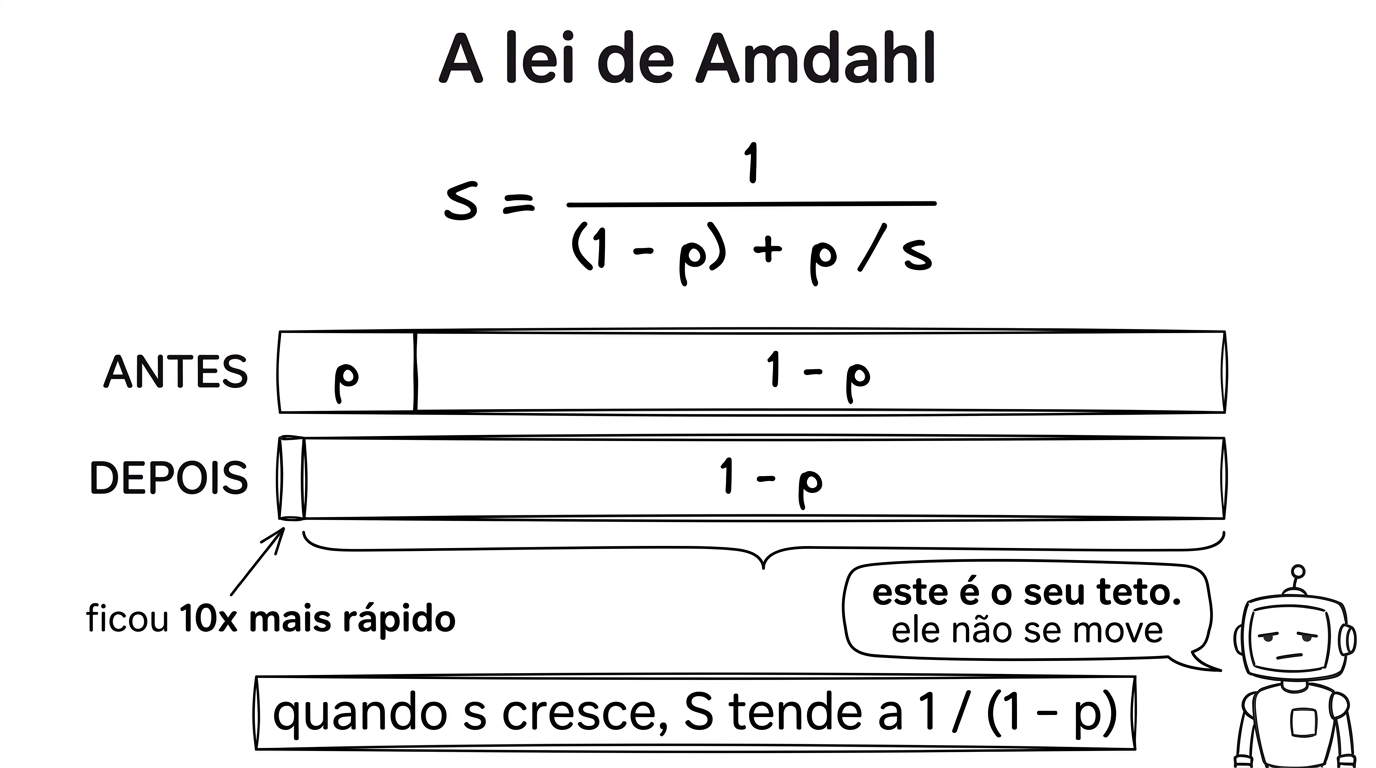 A lei de Amdahl: S igual a 1 dividido por ((1 - p) + p / s). Duas barras de mesmo comprimento comparam antes e depois: no ANTES, uma fatia estreita p e uma fatia larga 1 - p; no DEPOIS, a fatia p virou um risco fininho e a fatia 1 - p continua idêntica. Quando s cresce, S tende a 1 / (1 - p).