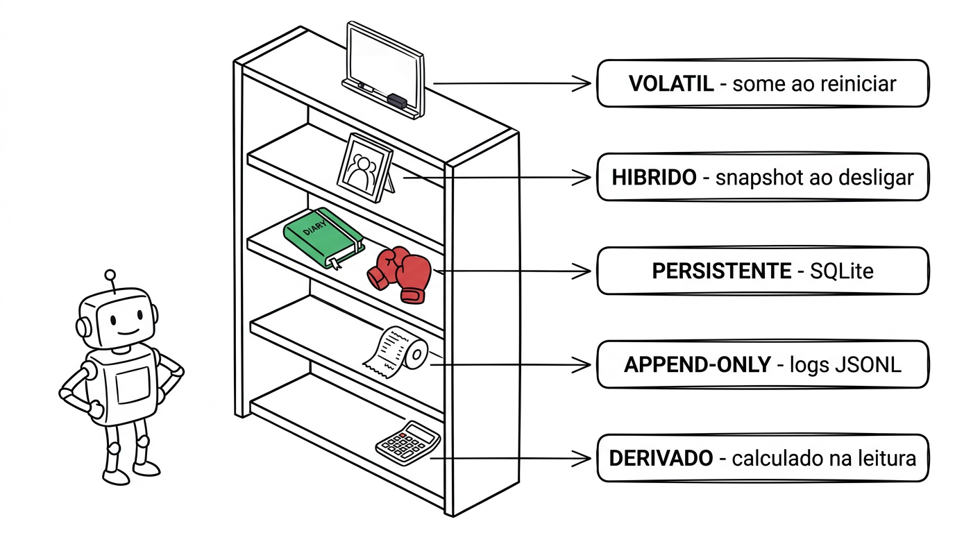 Estante isométrica com cinco prateleiras, uma por tipo de memória, e um robozinho ao lado. De cima pra baixo: volátil (some ao reiniciar), híbrido (snapshot ao desligar), persistente em SQLite, append-only em logs JSONL, e derivado (calculado na leitura).