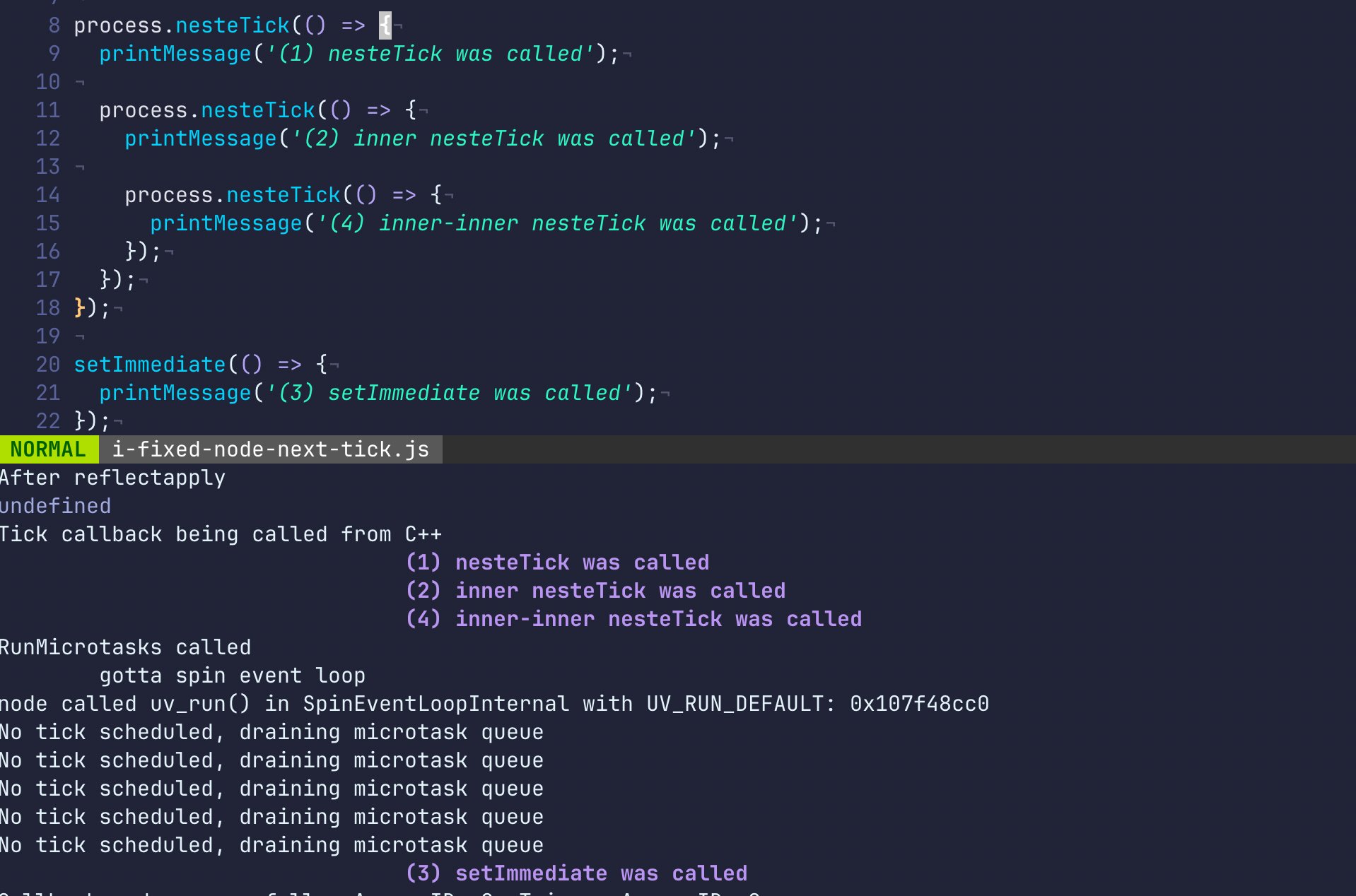 Executando o script i-fixed-node-next-tick.js no Node compilado - nesteTick callbacks executam antes do setImmediate