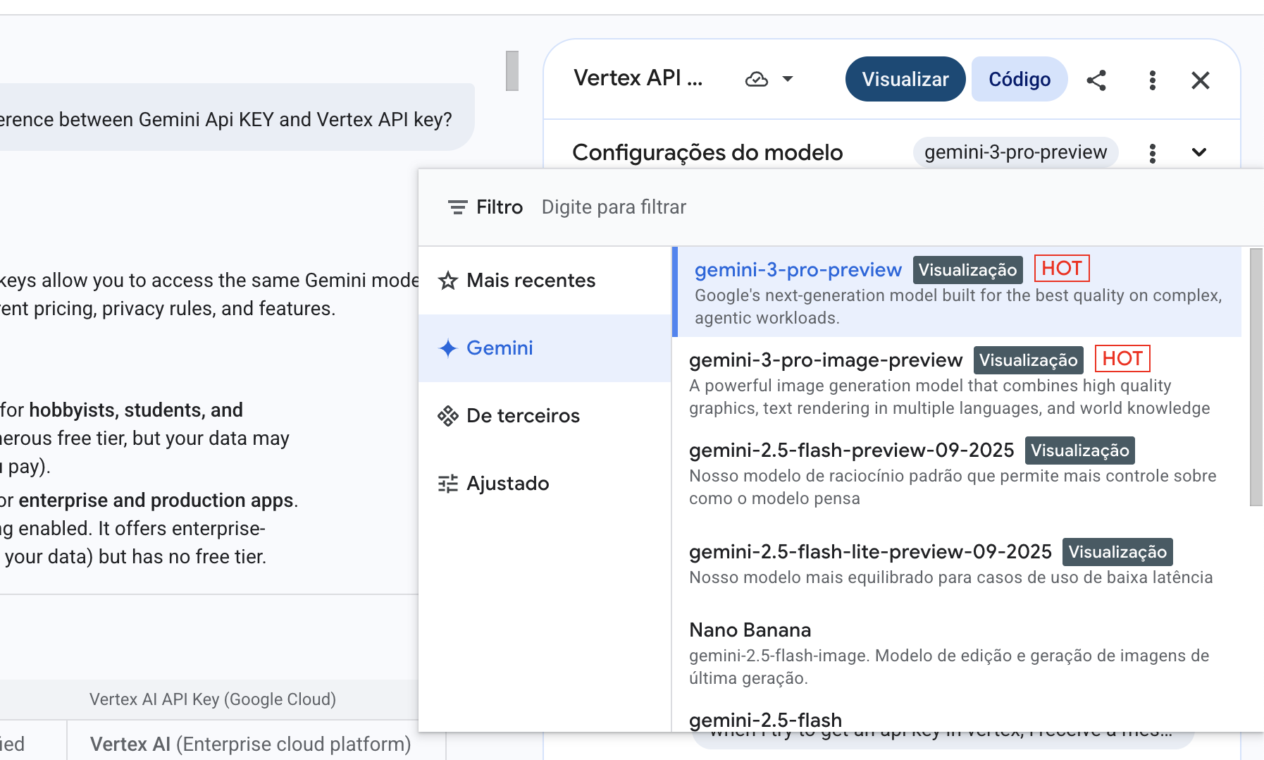 Foto do Vertex AI Studio com o modelo Gemini 3 selecionado