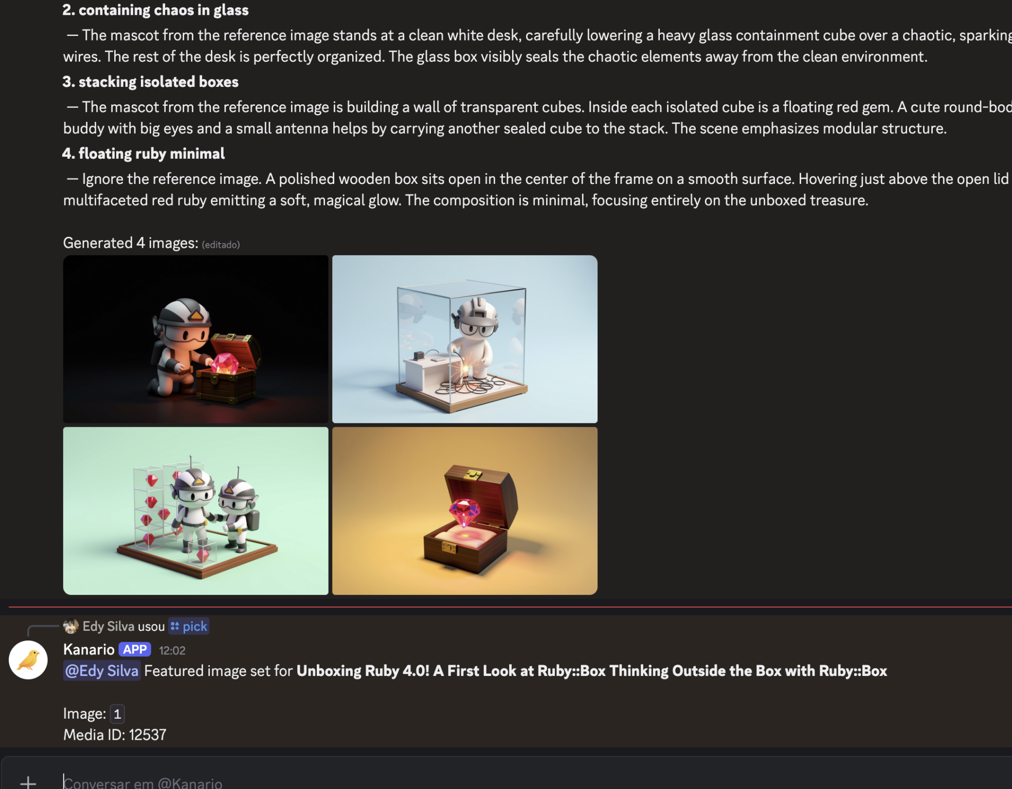 Thumbnails geradas pelo /generate e o comando /pick em ação