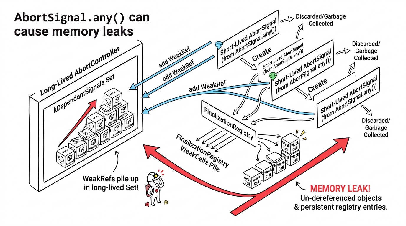 How AbortSignal.any() accumulates WeakRefs and WeakCells over repeated calls