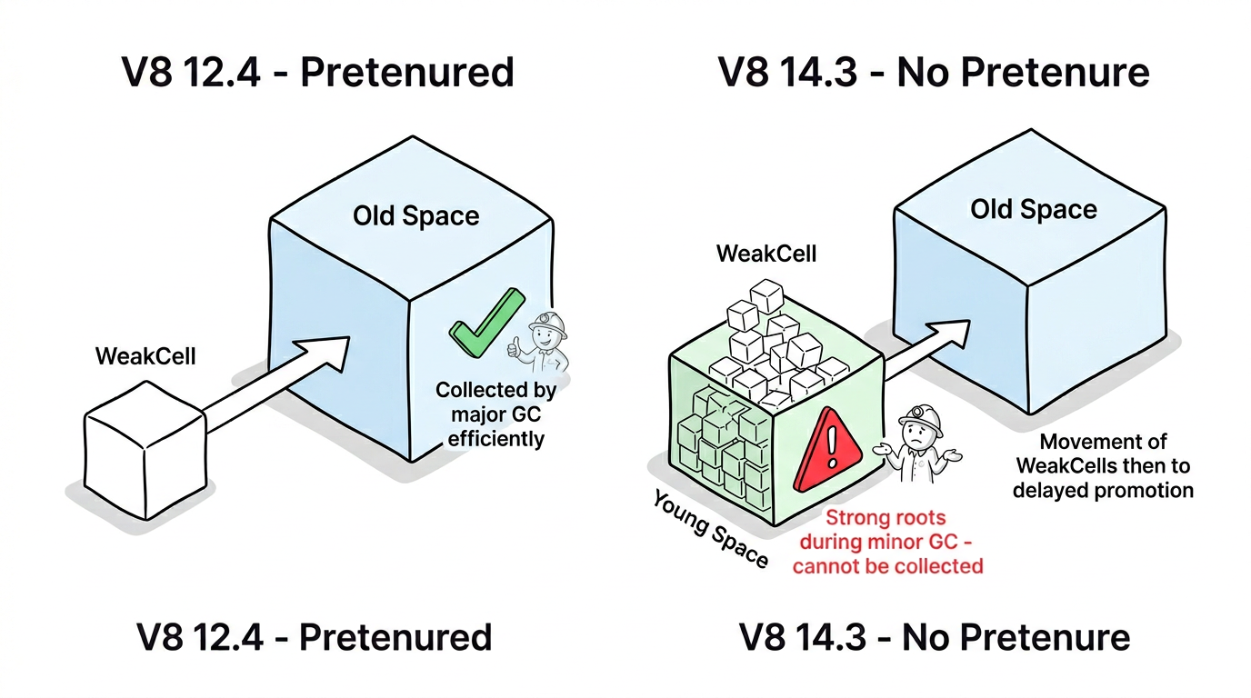Comparison of WeakCell allocation: Pretenured going to old space vs young generation pileup